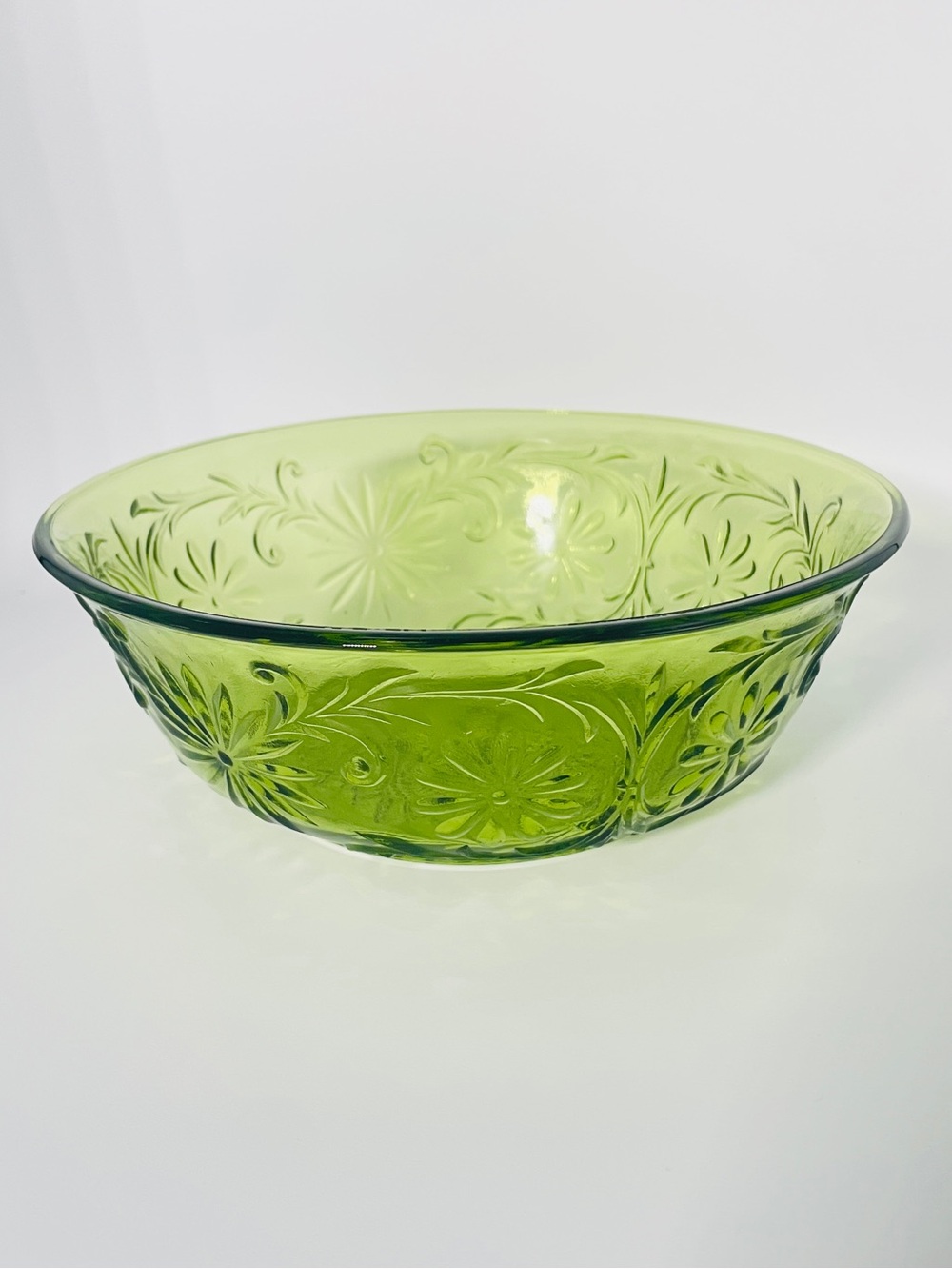 Vintage Green Pressed Glass Serving Bowl Floral Scroll Pattern Uranium Style